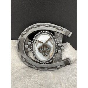 Vintage Horseshoe Belt Buckle Siamese Cat Porcelain Painted